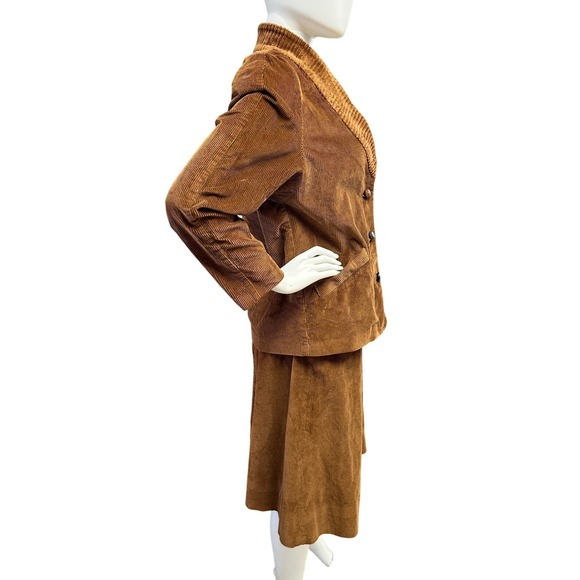 Vintage 80s Corduroy Blazer Jacket Skirt Suit Set Women's Warm Brown Two Piece‎ - Picture 3 of 12